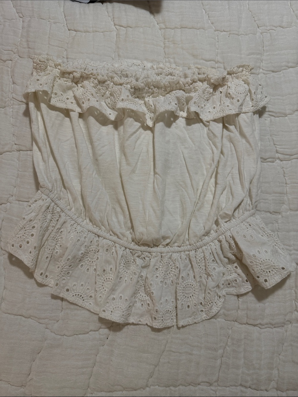Porridge Strapless Eyelet Ruffle Top